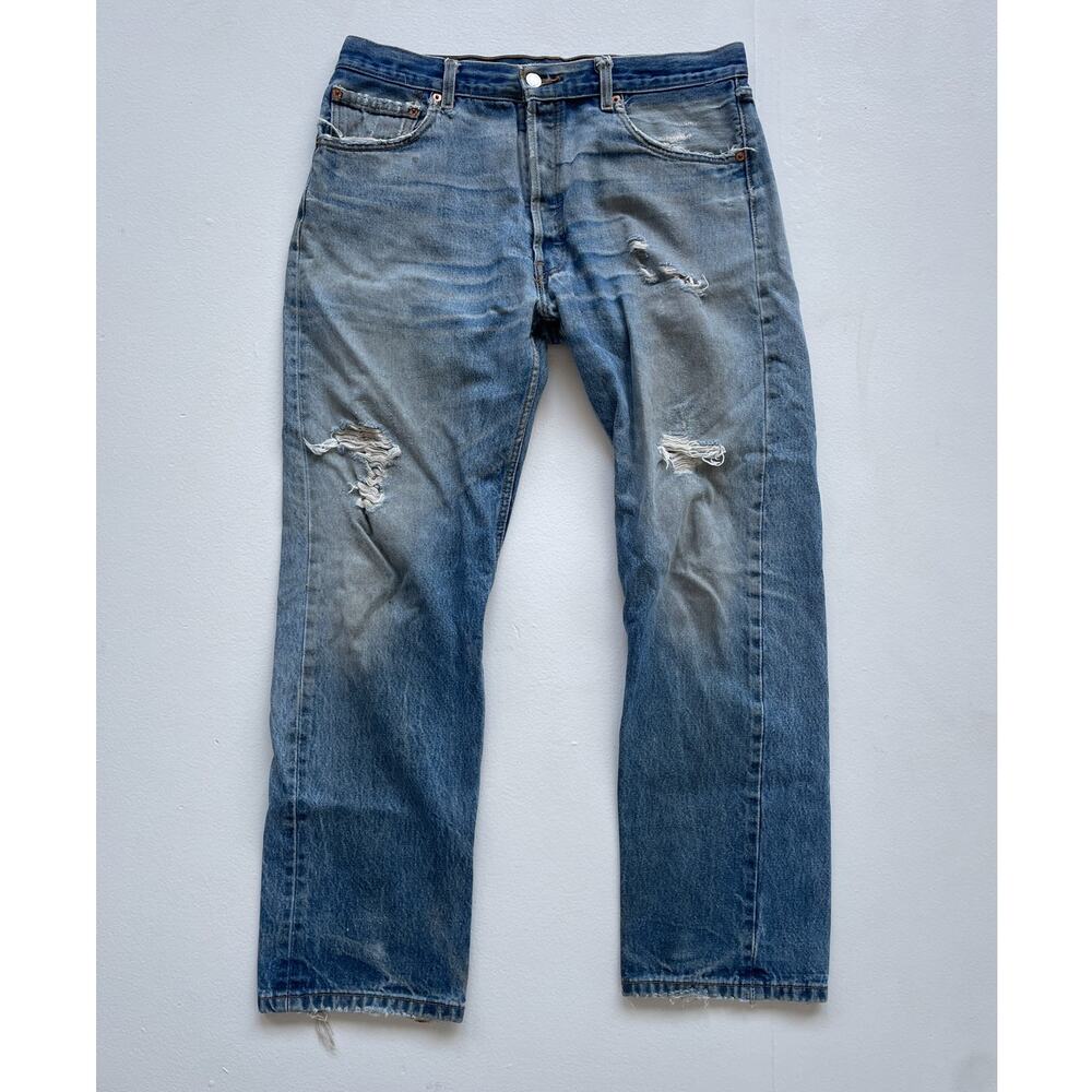 Vtg LEVIS 501 Blue Distressed Denim Jeans / 36 x 34 Beautiful Fade Straight Leg